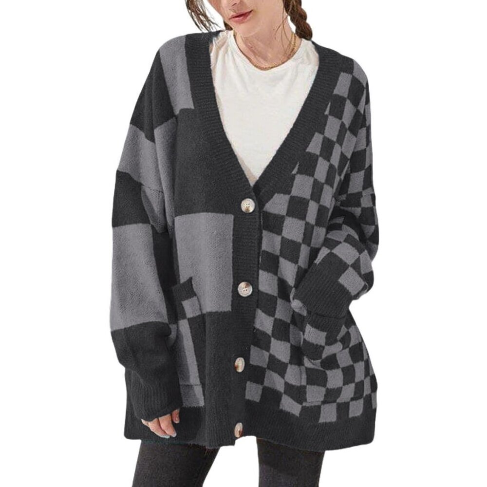 Women Slouchy Checkered Cardigan Oversized Open Front Knit Outwear Coat